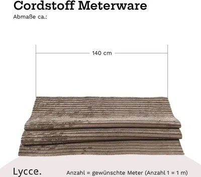 Image de Tissu Lycce en velours côtelé vendu au mètre | 35 000 cycles d'abrasion | Adapté aux animaux et résistant aux rayures | Tissu d'ameublement de 1 m de long x 1,40 m de large pour meubles, housses de coussin et autres projets DIY | 360 g / m² | Différentes couleurs, couleur : taupe