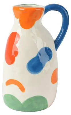 Produktbild von Krug aus Steingut, 23 cm hoch, mehrfarbig mit blauem Henkel