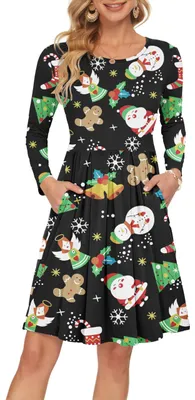 Produktbild von AUSELILY Langarm Knielang Plissee Kleid Taschen Weihnachtsmann Engel S