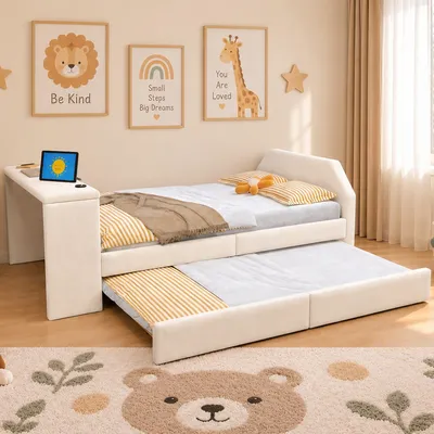 Image de Lit convertible Merax pour enfants, 90x200 cm, avec bureau, lit de jour avec port USB de recharge et lit tiroir, lit rembourré en velours, lit d'appoint en MDF, couleur beige