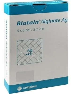 Productafbeelding van Biatain Alginate zilverhoudende kompressen, 5 x 5 cm, 10 stuks, verbandmateriaal