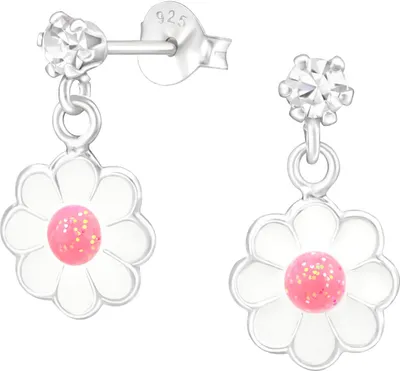Produktbild von 925 Sterling Silber Kinder-Ohrstecker mit Kristall und hängender Epoxid-Blume