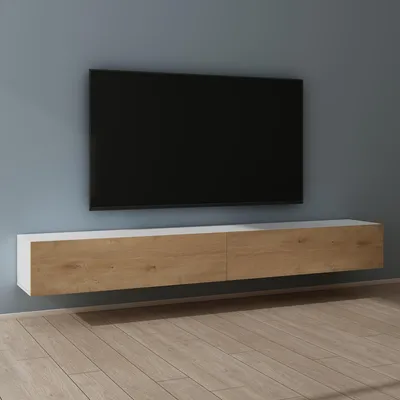 Produktbild von Mai & Mai Fernsehschrank Verdeckter Griff mit Soft-Close Lowboard Hängeschrank für Wohnzimmer in Matt Weiß + Kerneiche BTH: 240x40,2x30 cm Fernsehschrank02