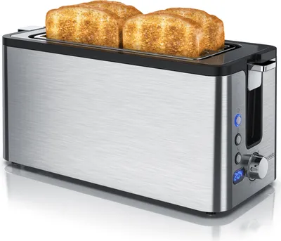 Produktbild von Arendo Edelstahl Toaster Langschlitz 4 Scheiben - Defrost Funktion - wärmeisolierendes Gehäuse - mit integrierten Brötchenaufsatz - Krümelschublade - Display mit Restzeitanzeige