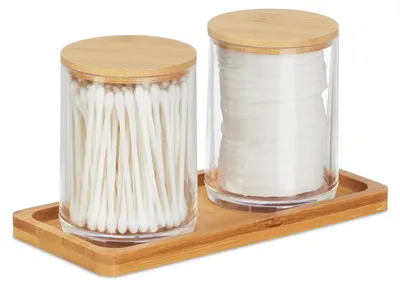 Produktbild von Wattenstäbchenhalter Wattepadhalter Badorganizer - Transparenter Kunststoff - Bambusablage - 2 Behälter mit Deckel
