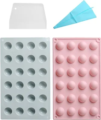 Obrázek produktu pro 2 balení silikonových půlkruhových forem s 24 kapkami - mini polokoule, kulatá kopule, forma na fondán, bomba, forma na dort, želé pudink, forma na kostky ledu, se sáčkem na pipety a škrabkou