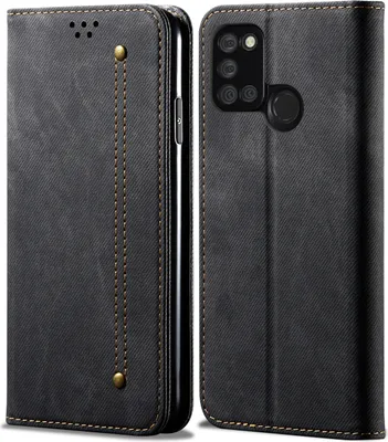 Produktbild von OPPO Realme 7i Hülle, LaimTop Denim Leder Brieftasche Magnetverschluss Flip Bookstyle Schutzhülle mit Standfunktion für OPPO Realme 7i Schwarz