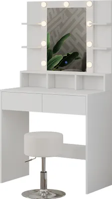 A white vanity table with LED lights and a matching stool.