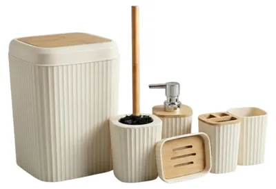 Produktbild von Badset 6-teilig, Badezimmer Zubehörset, Badaccessoires quadratisch Beige, KI-generiertes Bild