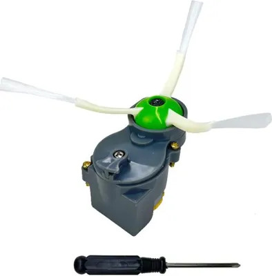 A replacement side brush motor module for an iRobot Roomba vacuum cleaner, shown with a small screwdriver.