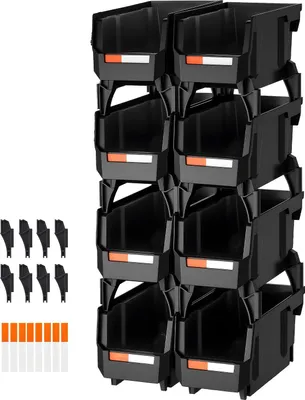 Obrázek produktu pro Přístupné boxy Stohovatelné boxy – Sada 8 úložných boxů – Rozměry každého boxu 27,6 x 14 x 13 cm – Stohovatelné – Otevřená přední strana – Pro drobné předměty a kancelářské potřeby – Černé