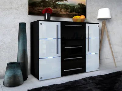 Image de Commode combinée avec éclairage LED ANTRIM – noir / blanc brillant / noir brillant