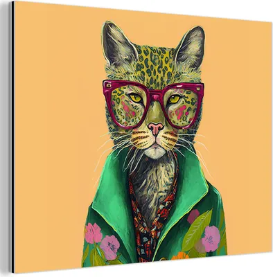 Produktbild von MuchoWow Wanddekoration Metall Metallbild Wandkunst 80x60 cm Tiere - Katze - Brille - Blumen - Hippie MuchoWow Aluminium Gemälde - Alubild