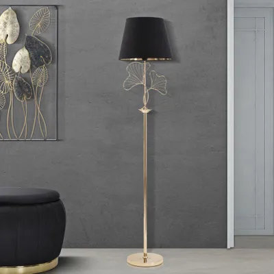 Zdjęcie produktu dla Lampa podłogowa ze złotego metalu z liśćmi i czarnym abażurem ø 38x167 cm