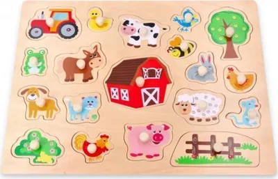 A wooden peg puzzle featuring various farm animals and objects.