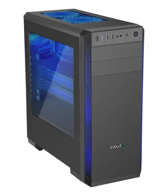 A black computer tower with blue LED lighting.
