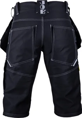 The back view of black work shorts with white stitching and tool pockets.