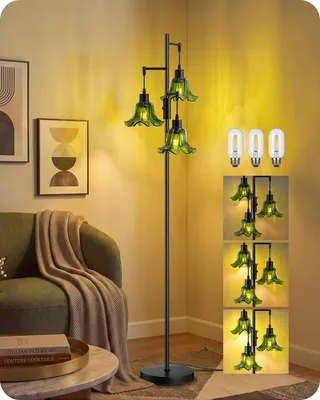 Produktbild von EDISHINE Stehlampe Wohnzimmer, 3-flammig mit grünem Glasschirm, Dimmbar mit Drehschalter, mit Drehschalter, Blütendesign, schwarzem Metallgestell