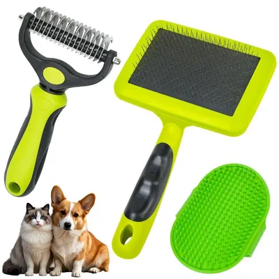 Immagine prodotto di Set di 3 spazzole per animali domestici, ideale per cani e gatti, per rimuovere il sottopelo e i nodi. Doppia faccia, con manico ergonomico