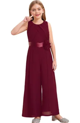 Produktbild von Festlicher Mädchen Jumpsuit ärmellos mit Gürtel – eleganter Overall mit Plissee und weitem Bein für Hochzeit, Abend, Feier – Gr. 152