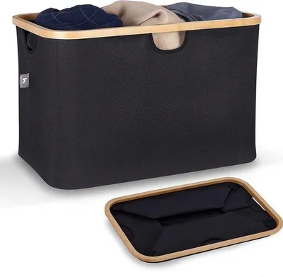 Produktbild von Famanu Wäschekorb 60 L - Schwarz, mit Bambusrand, faltbar und platzsparend