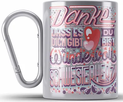 Produktbild von Trendation - Beste Schwester Edelstahl Tasse Karabiner Geschenk von Schwester an Schwester Lieblingsschwester von Bruder Geschenkidee Spruch (Silber)