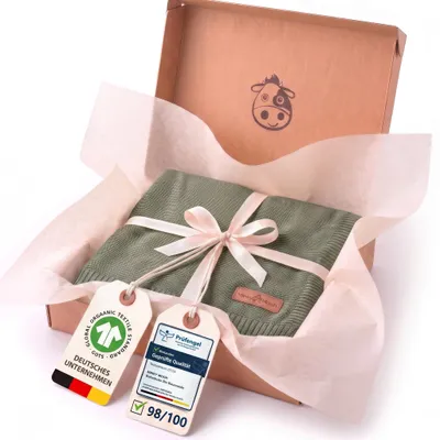Produktbild von Minky Mooh® Babydecke 94x72 cm aus 100% Baumwolle – Kuscheldecke & Pucktuch für geborene – Dunkelgrün