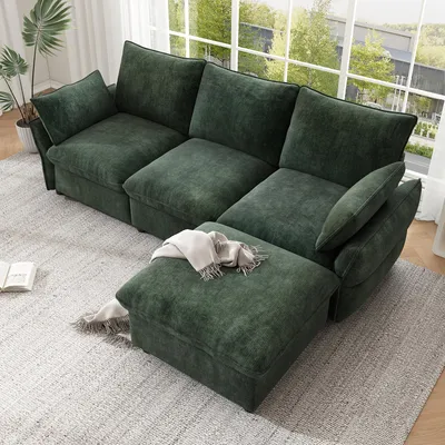 Zdjęcie produktu dla Nowoczesna narożna sofa z podnóżkiem, 3-osobowa, obita tkaniną typu chenille, wymiary: 222,5 x 154,5 x 76,5 cm (ciemnozielona)