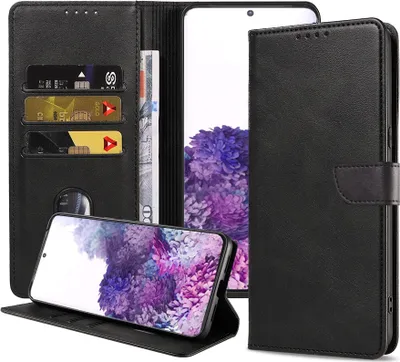 Produktbild von Passend für Samsung Galaxy S20 Handytasche Kunstleder mit magnetischer Lippe und Kartenhalter Buchhülle mit Klappe - Schwarz - Smartphonics