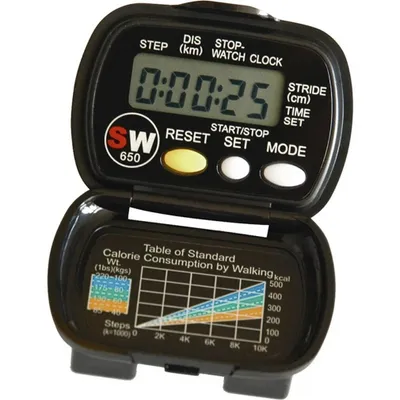 A black digital pedometer with its lid open, showing the display and a chart.
