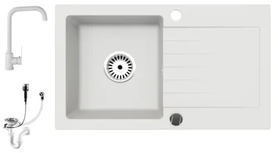 Produktbild von [Granitspüle 76x44 in weiß + Armatur Steel] Hochwertige Eckige Granit Spülbecken f. Unterschränke ab 45 cm inkl.Siphon Set, Farbe:Weiß mit Armatur