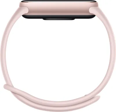 A close-up, side view of a pink smartwatch with a pink band, isolated on a white background.