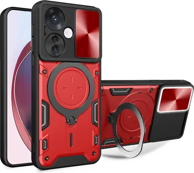 Produktbild von Handyhülle für Oppo Reno11 F Dual-Layer Stoßfest Rüstung Hülle mit Dia Kameraschutz und Kreisförmig Ring Ständer Rot