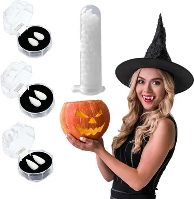 Imagen del producto de 3 pares de colmillos de vampiro + pegamento - Niños/adultos - Halloween - Fiesta - Cosplay - Accesorios - Dentadura de vampiro - Disfraz