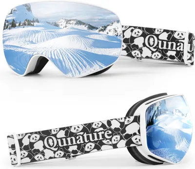 Zdjęcie produktu dla Gogle narciarskie Qunature Anti-Fog Gogle snowboardowe Gogle śnieżne Panda Design Sferyczne gogle lustrzane dla dorosłych Biała ramka/Szara soczewka