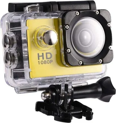 Zdjęcie produktu dla Kamera sportowa do użytku na świeżym powietrzu i w wodzie – rozdzielczość 1080p HD – 2-calowy wyświetlacz HD – wodoodporna – do wędrówek – jazdy na rowerze – pływania (żółta).