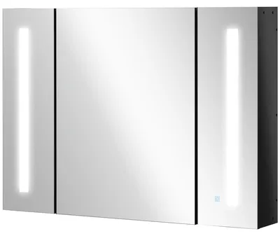 Produktbild von Wandmontierter Badezimmerspiegelschrank aus MDF mit 3 Schr?nken, 3 Ablagen und LED-Beleuchtung, 90 x 15 x 65 cm, Schwarz