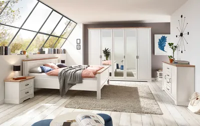 Produktbild von Schlafzimmer Set 5-teilig Bett 180x200cm Pinie weiß mit Eiche JÜLICH-77