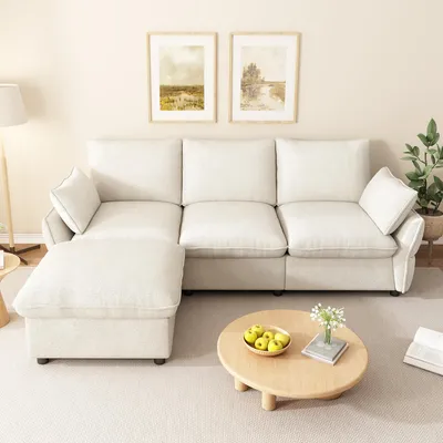 Immagine prodotto di Divano angolare moderno con poggiapiedi, divano a 3 posti, divano a forma di L con pouf, divano in velluto, divano per il soggiorno, divano con cuscini, color beige