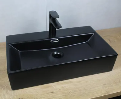 Produktbild von Keramik Waschbecken eckig 600x365x130 schwarz matt mit Überlauf Aufsatzwaschbecken Wandmontage ohne Zubehör