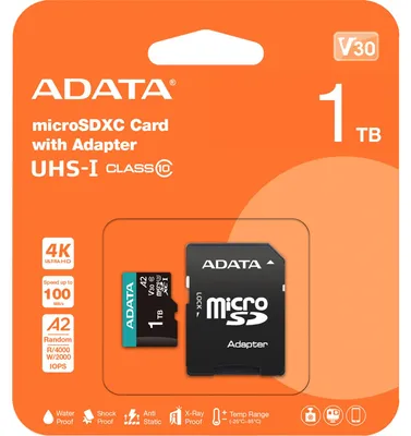 Zdjęcie produktu dla ADATA AUSDX1TUI3V30SA2-RA1, 1 TB, MicroSDXC, Klasa 10, UHS-I, 100 MB/s, 85 MB/s