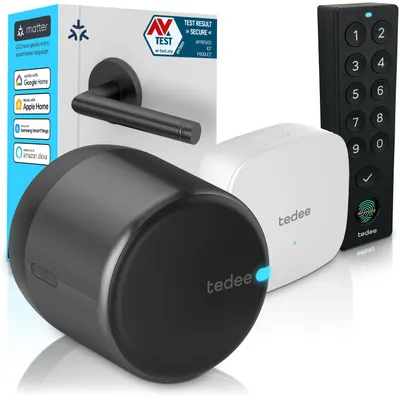 Obrázek produktu pro Tedee GO2 Alu s Bridge a Keypad PRO – Chytrý zámek, WiFi, otisk prstu, PIN kód, vzdálené ovládání, Auto Unlock, Matter, Apple HomeKit, Alexa