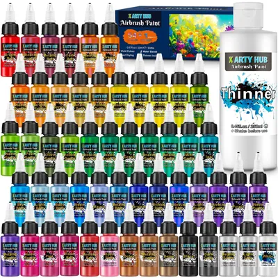 Productafbeelding van Airbrush verf - Airbrushkleuren acryl set 54 kleuren - 250 ml verdunner - Waterbasis - Glinsterend, neon en metallic