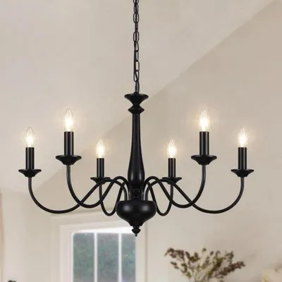 Image de Lustre de salle à manger de style industriel à 6 ampoules, noir