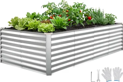 Image de VEVOR Potager surélevé en métal 240 x 120 x 62 cm, potager rectangulaire, kit de bacs à fleurs pour l'extérieur, potager avec gants, parterre de fleurs sans fond, bac à fleurs et légumes, argent