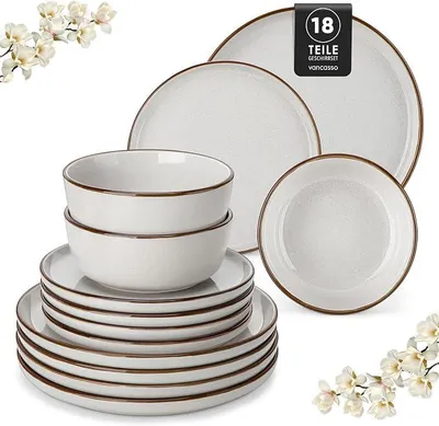 Imagen del producto de Juego de vajilla de cerámica para 6 personas, 18 piezas, servicio de mesa moderno en color gris. Incluye cuencos, platos de postre y platos principales. Apto para microondas y lavavajillas