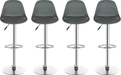 Four gray bar stools are displayed against a white background.