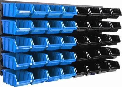 Obrázek produktu pro Úložný systém Nástěnná police 770 x 390 mm | 40 ks. Box | Stohovací boxy Hromadný regál Otevřené úložné boxy | Extra silné stěnové panely | Dílenský regál Rozšiřitelný | Dílenský regál Dílenský regál bez šroubů Dílenský regál na stěnu