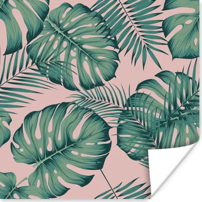 Produktbild von MuchoWow® Poster Blätter - Rosa - Muster - Mädchen - Kinder - Grün - Kind 50x50 cm - Wohnzimmerdekoration