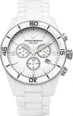A white Emporio Armani ceramic chronograph watch is shown against a white background.